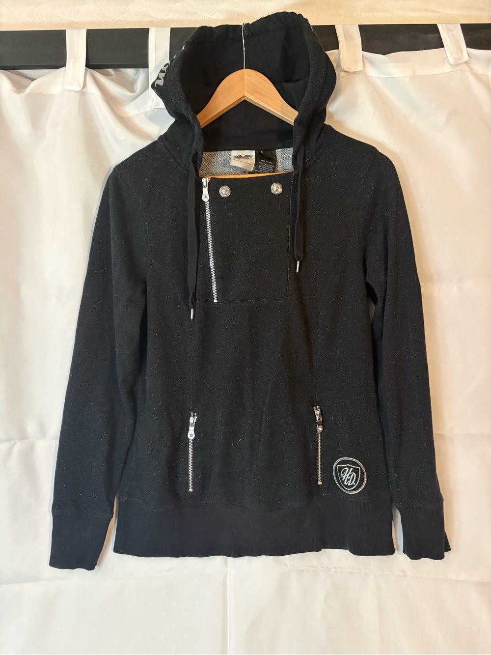 Harley Davidson Womens L Spell Out Glitter Side Zip Hoodie Sweatshirt Motorcycle